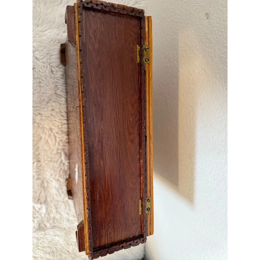 Antique tramp art wooden Box with Intricate Inlay Design Trinket Jewelry Storage